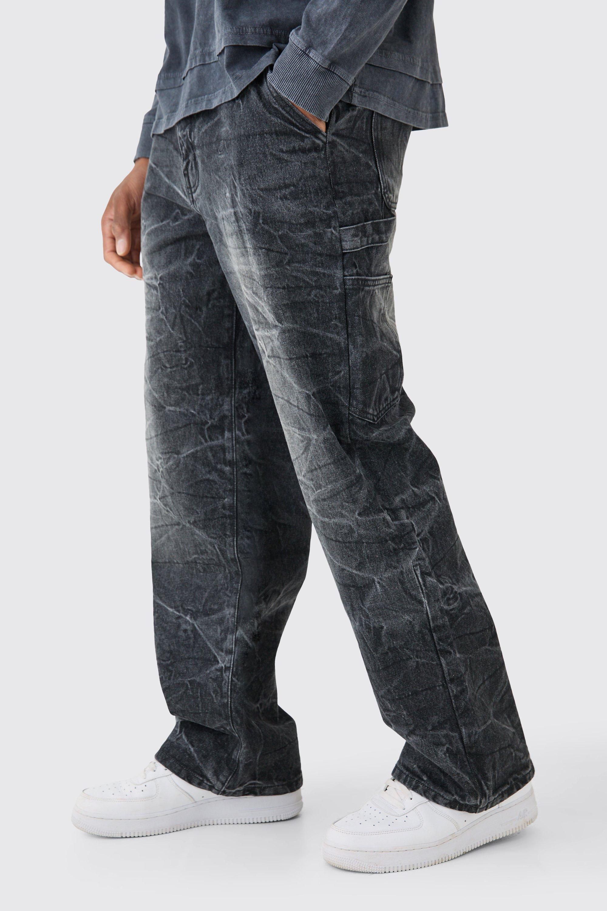 Mens Baggy Rigid Carpenter Crinkle Denim Jeans In Washed Black, Black